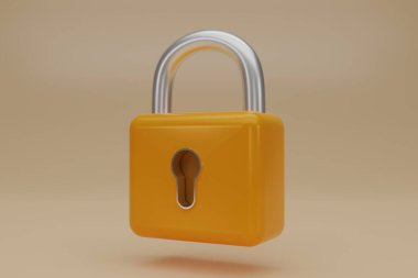 Sarı arkaplanda 3 boyutlu sarı asma kilit simgesi izole edildi. Asgari sarı kilit. 3d resimleme.