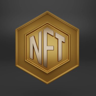 3D canlandırma NFT karşılanamaz sembol simgesi. Kripto Simgesi veya Logo Sembolü. Altın kripto para birimi NFT jetonu siyah arkaplanda izole edildi. 3B resimleme.
