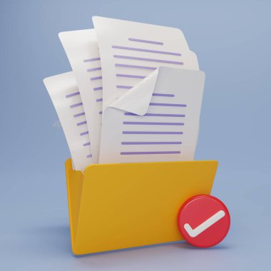 İşaretli belge simgesine sahip dizin. Grafik ve web tasarımı için klasördeki belge ve metinler. Kağıt belge simgesi. Sözleşme fikri. Anlaşma yığını belgesi. 3d resimleme.