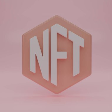 3 boyutlu NFT karşılanamayan sembol simgesini pembe arkaplanda izole et. Kripto Simgesi veya Logo Sembolü. Şifreli para birimi NFT jetonu beyaz arkaplanda izole edildi. 3B resimleme.