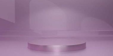 Stüdyo arkaplanlarında ışık ve gölge olan parlak mor yuvarlak bir kaide. Ürün göstermek için Magenta Blank ekranı ya da temiz oda. Podyum gösterisi ya da vitrin için minimalist bir model. 3B görüntüleme.