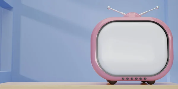 Rendering Rosa Vintage Television Cartoon Stil Auf Holztisch Blauen Raum — Stockfoto
