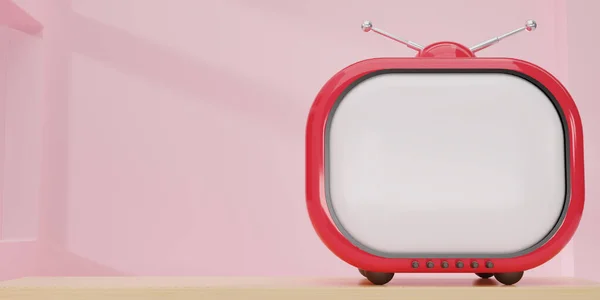 Rendering Rot Vintage Television Cartoon Stil Auf Holztisch Rosa Raum — Stockfoto
