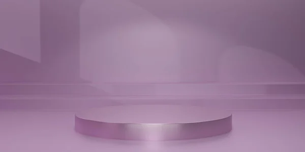 スタジオの背景に光と影と光沢のある紫色の円形の台座 製品を表示するためのマゼンタブランクディスプレイまたはクリーンルーム 表彰台のディスプレイやショーケースのためのミニマリストモックアップ 3Dレンダリング — ストック写真