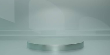 Yeşil stüdyo arkaplanlarında ışık ve gölge olan parlak yeşil yuvarlak kaide. Yeşil boş ekran ya da ürün göstermek için temiz oda. Podyum gösterisi ya da vitrin için minimalist bir model. 3B görüntüleme.