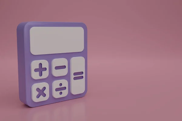 3D在粉色背景上渲染紫色计算器图标 卡通最小计算器风格 数学装置 财务分析 3D演示说明 — 图库照片