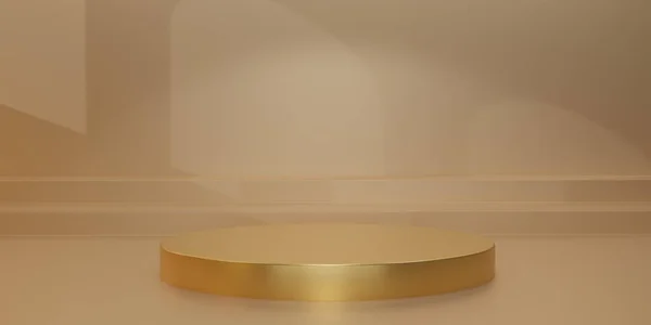 金光闪闪的金黄色圆形底座 金光闪闪的工作室背景 黄色空白显示或用于展示产品的清洁房间 平台展示或展示的最低限度模型 3D渲染 — 图库照片