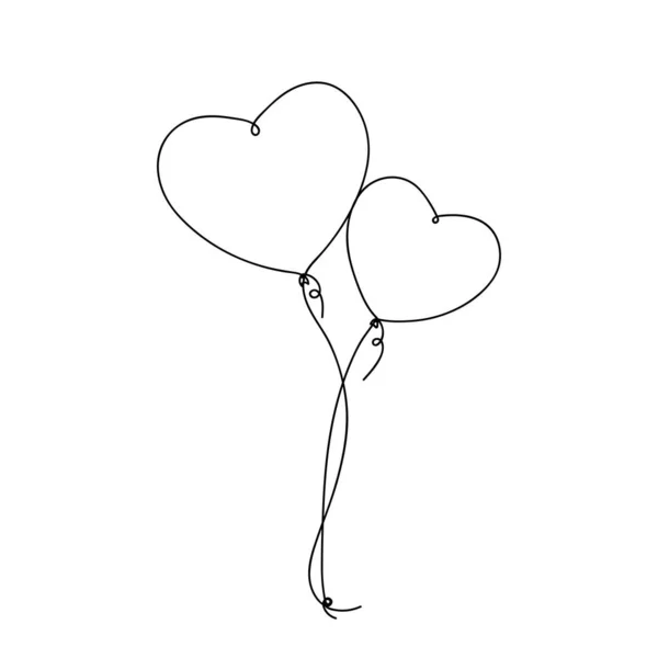 Two Heart Balloon Floats Air Continuous Drawing Line Art Style —  Vetores de Stock