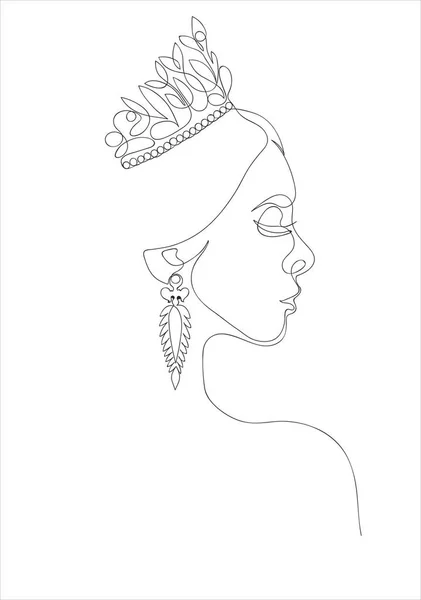 Girl Face Tiara Diamond Earrings Continuous Line Drawing Abstract Minimal — ストックベクタ