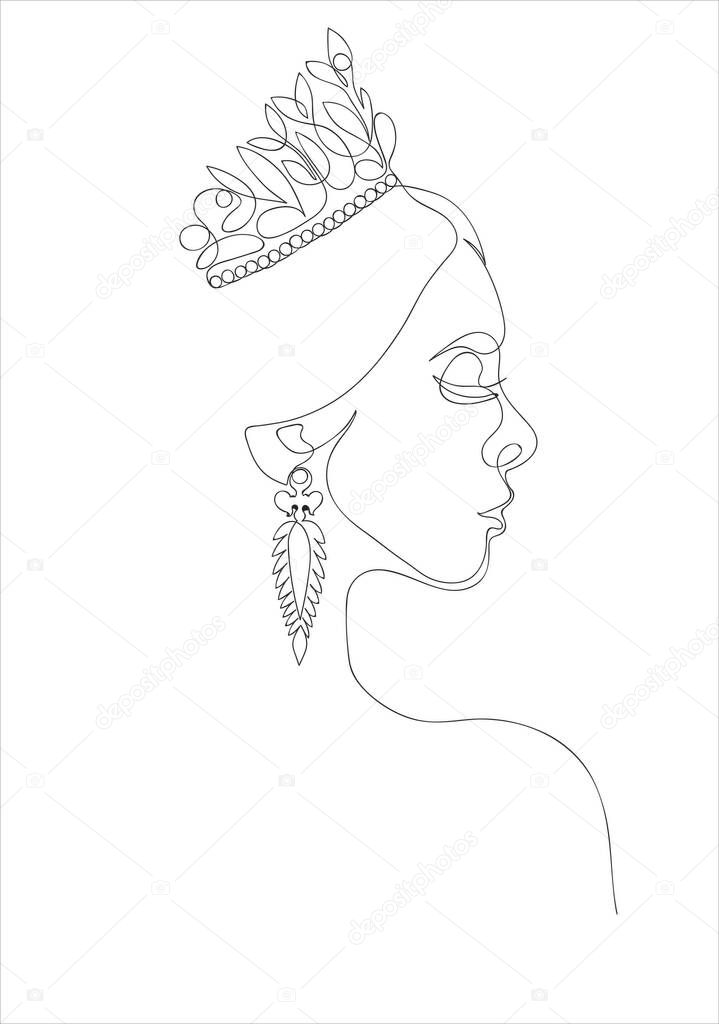 Girl face with a tiara and diamond earrings with  continuous line drawing. Abstract minimal woman portrait, fashion concept, woman beauty minimalist, slogan design print graphics style,vector illustration for t-shirt.