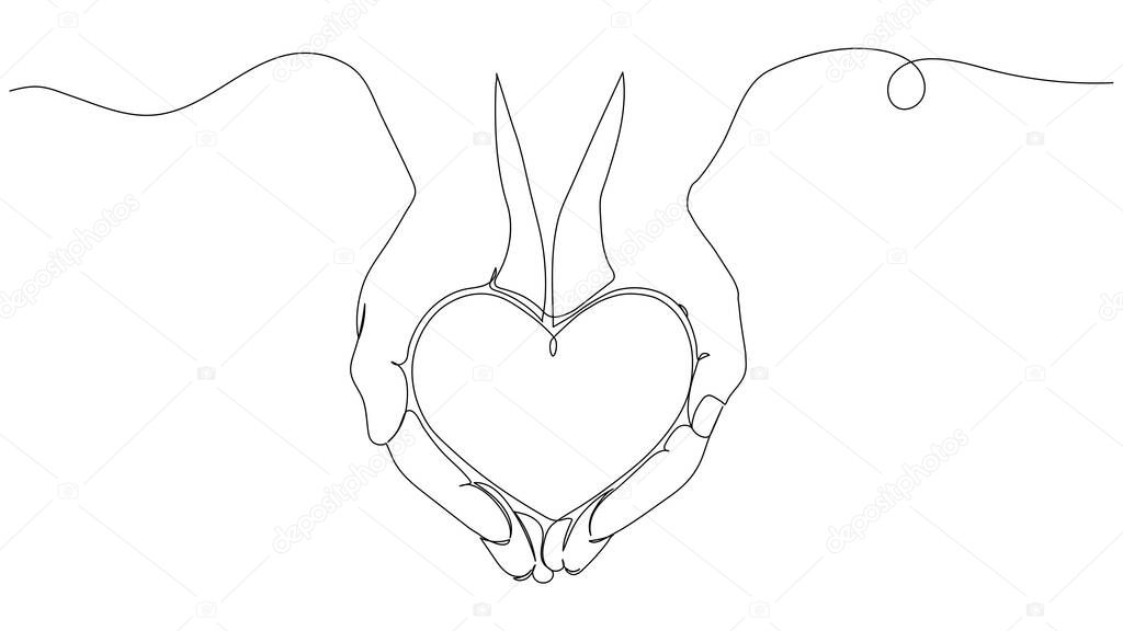 Heart in Hands.Continuous line drawing.Love heart one line drawing.Vector illustration
