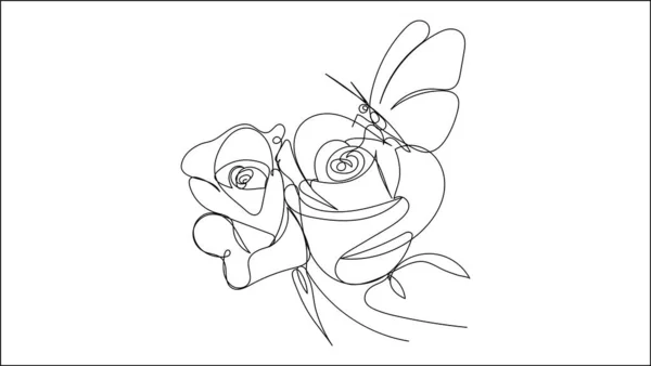 Roses Flower Butterfly Icon Continuous One Line Drawing Vector Illustration — Vetor de Stock