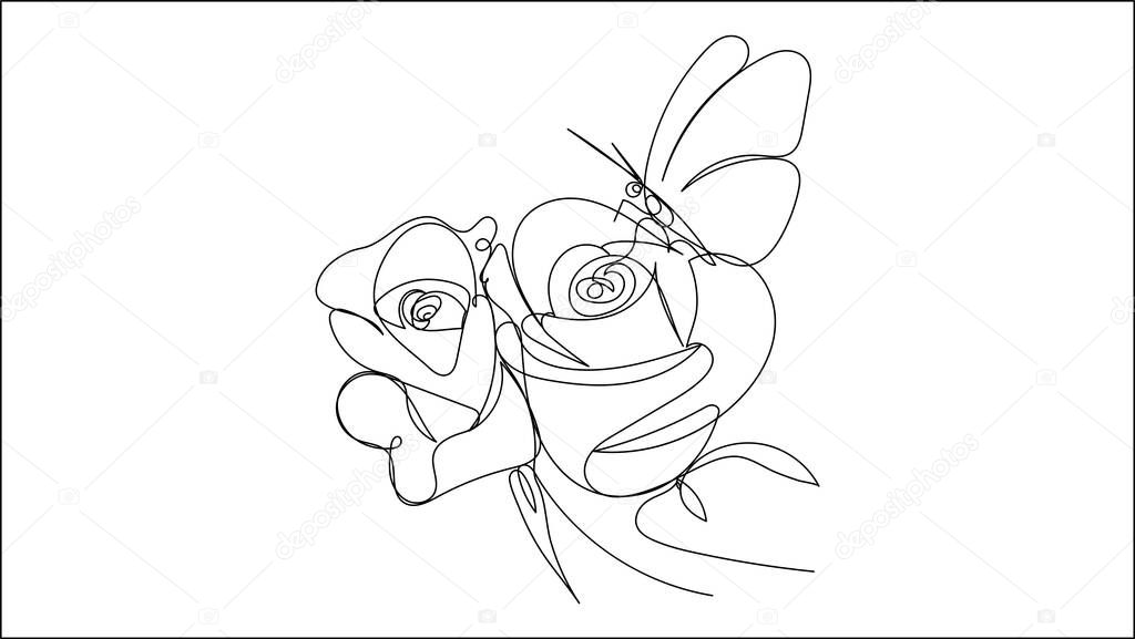 Roses flower and butterfly icon. Continuous one line drawing. Vector illustration,vector illustration for t-shirt.