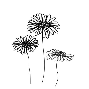 Soyut papatyalar beyaz arkaplana bir çizgi çizerler. Tek satırlık çizim. Devamlı bir çizgi. Vektör Eps10