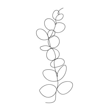Okaliptüs dalı sürekli çizgi çiziyor. Bir satır. Minimalizm sanatı. Matbaa için modern minimal siyah beyaz illüstrasyon. Vektör Minimalizm sanat tarzı.