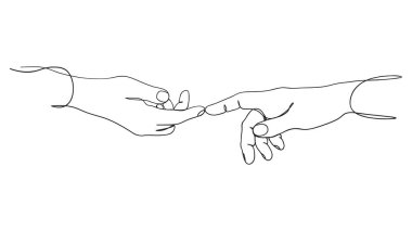 Bir satırda iki el. Parmak uçlarına dokun. Kesintisiz çizim. Sevgi bir çizgi çiziyor. Vektör illüstrasyonu.