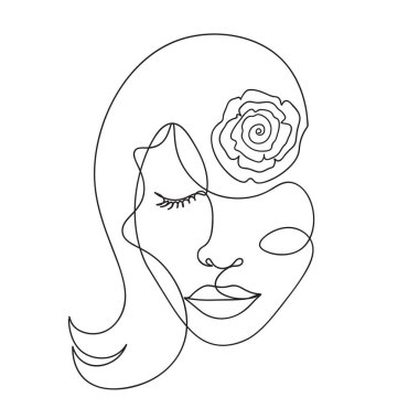 Sürekli çizim yapan gül çiçekli kadının yüzü. Bir çizgi soyut minimal kadın portresi, moda konsepti, kadın güzellik minimalisti, slogan tasarım grafikleri tarzı, tişört için vektör illüstrasyonu.