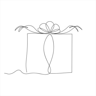 Kurdeleli hediye kutusu beyaza izole edilmiş bir çizgi. Doğum günü hediyesi. Taslak vektör işareti, sürekli çizgi çizimi. Kurdele çizgisi simgesi olan hediye kutusu, ana hat vektör işareti, vektör çizer çizer