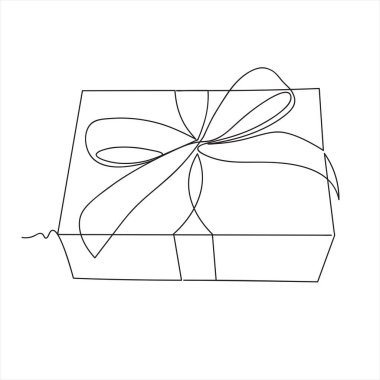 Kurdeleli hediye kutusu beyaza izole edilmiş bir çizgi. Doğum günü hediyesi. Taslak vektör işareti, sürekli çizgi çizimi. Kurdele çizgisi simgesi olan hediye kutusu, ana hat vektör işareti, vektör çizer çizer