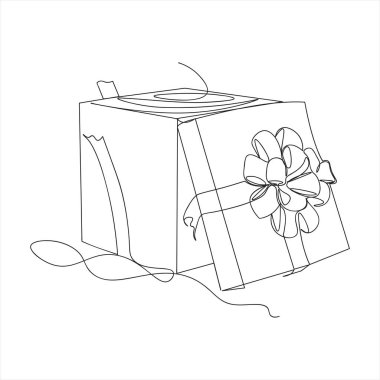 Bir çizgi beyaz üzerine izole edilmiş bir kurdele ile hediye kutusunu aç. Doğum günü hediyesi. Taslak vektör işareti, sürekli çizgi çizimi. Kurdele çizgisi simgesi olan hediye kutusu, ana hat vektör işareti, vektör çizer çizer