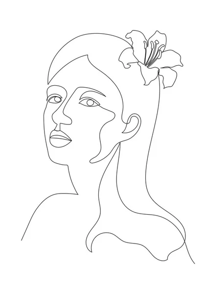 Cara Mulher Com Flor Rosa Desenho Linha Contínua Ilustração Vetorial — Vetor de Stock