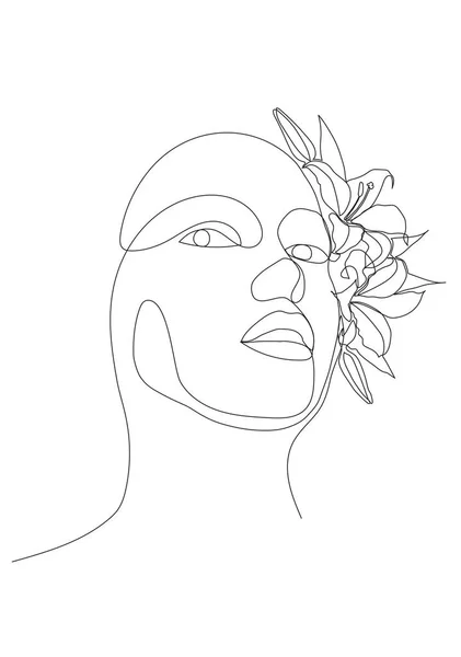 Женское Лицо Цветочком Розы Непрерывный Рисунок Линии Векторная Иллюстрация Векторная — стоковый вектор