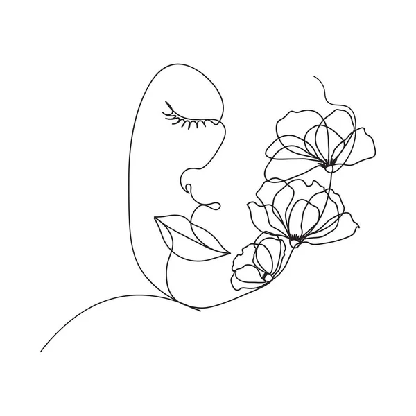 Cara Mulher Com Flores Desenho Linha Contínua Uma Linha Que — Vetor de Stock