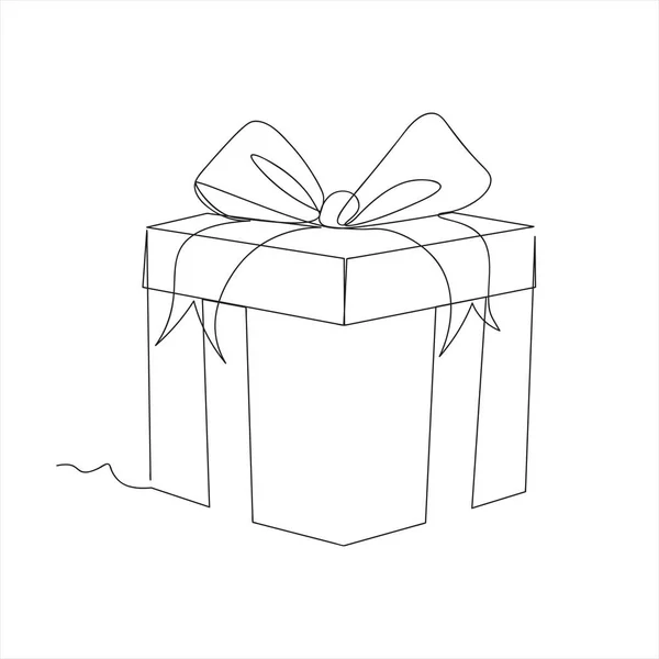 Gift Box Ribbon One Line Drawing Isolated White Birthday Gift — Stock Vector