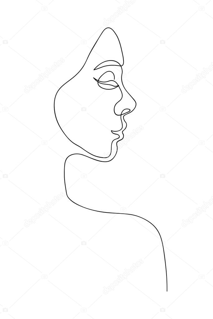 The face of the woman continuous line drawing. One line drawing abstract minimal woman portrait, fashion concept, woman beauty minimalist, slogan design print graphics style,vector illustration for t-shirt.