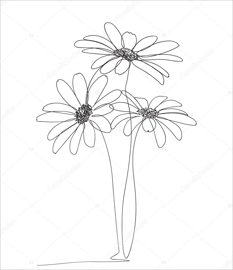Abstract 3 Daisies one line drawing on white background. One-line drawing. Continuous line. Vector Eps10