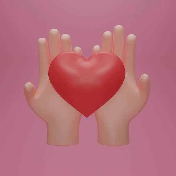 Render Hands Hold Red Heart Friendship Love Icons Social Responsibility —  Fotos de Stock