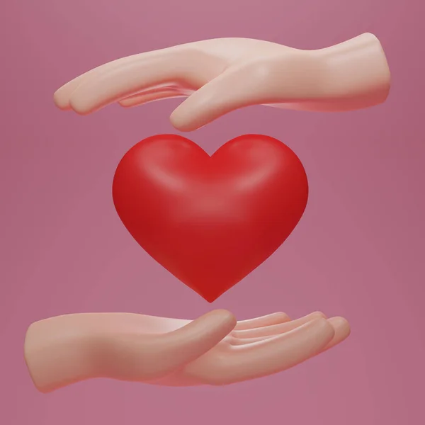 Render Hands Hold Red Heart Friendship Love Icons Social Responsibility — Fotografia de Stock