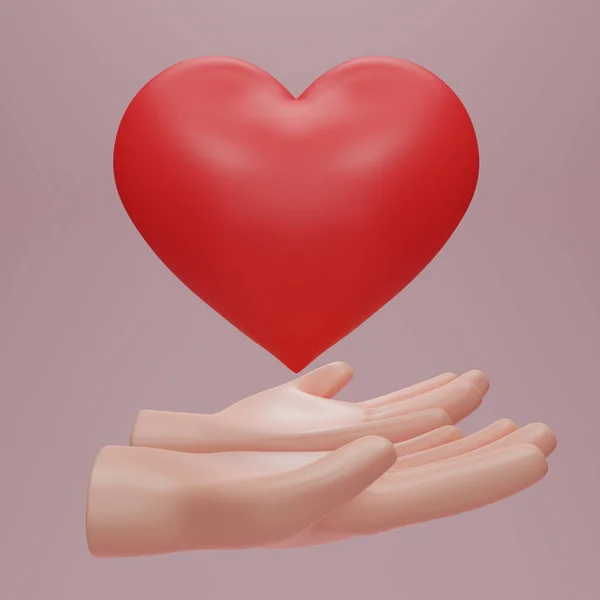 Render Hands Hold Red Heart Friendship Love Icons Social Responsibility — Fotografia de Stock