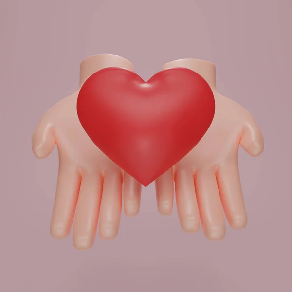 Render Hands Hold Red Heart Friendship Love Icons Social Responsibility — Fotografia de Stock