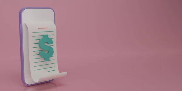 3D render fatura ödemesi ve akıllı telefon simgesi. Mesaj için alanı kopyala. Çizgi film faturası ve mobil internet ödemesi. Ticari finans tasarımı için makbuz simgesi. İşlem makbuzu. 3B resimleme.
