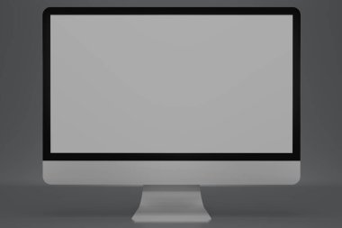 3D Gerçekçi bilgisayar monitörü gri arka planda izole edildi. Alüminyum gövdeli beyaz ekran bilgisayar. Ön manzara. 3B resimleme.