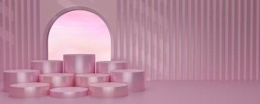 Stüdyonun arka planında pembe gökyüzü olan parlak pembe yuvarlak bir kaide. Pembe boş ekran ya da ürün göstermek için temiz oda. Podyum gösterisi ya da vitrin için minimalist bir model. 3B görüntüleme.