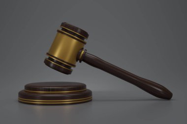 3D Yargıç Çekiç ikonu kanun tokmağı. Gri arka planı olan ahşap bir yargıç tokmağı. Açık artırma mahkemesi çekici, otorite sembolü, yan görüş hukuku kavramı. 3d resimleme.
