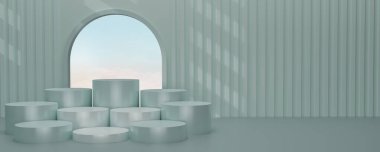 Stüdyonun arka planında mavi gökyüzü olan parlak yeşil yuvarlak bir kaide. Yeşil boş ekran ya da ürün göstermek için temiz oda. Podyum gösterisi ya da vitrin için minimalist bir model. 3B görüntüleme.