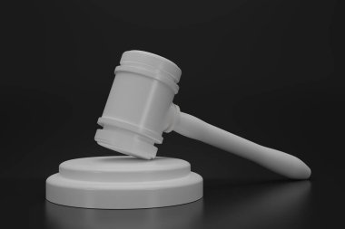 3D beyaz yargıç çekiç ikonu kanun tokmağı yaptı. Siyah arka planı olan beyaz bir yargıç tokmağı. Açık artırma mahkemesi çekici, otorite sembolü, yan görüş hukuku kavramı. 3d resimleme.