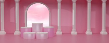 Stüdyonun arka planında pembe gökyüzü olan parlak pembe yuvarlak bir kaide. Pembe boş ekran ya da ürün göstermek için temiz oda. Podyum gösterisi ya da vitrin için minimalist bir model. 3B görüntüleme.