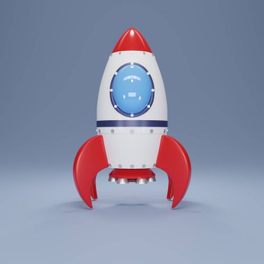 3D uzay roketi modelini mavi arkaplanda izole et. Başla, büyüme. Piyasada yeni bir iş ürünü konsepti başlat. Yaratıcı bir fikir. 3d resimleme.