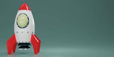 3D uzay roketi modelini yeşil arkaplanda izole et. Başla, büyüme. Piyasada yeni bir iş ürünü konsepti başlat. Metinler için boşluk kopyala. 3d resimleme.