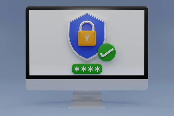 3D render computer monitor with Shield and padlock  isolated on blue background. Desktop Security shield symbols. Security shields logotypes with check mark and padlock. 3D rendering illustration.