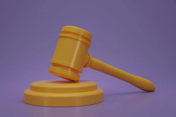 3D render Judge hammer icon law gavel. A yellow judge gavel with stand isolate on purple background. Auction court hammer bid authority symbol, side view Law concept. 3d rendering illustration.