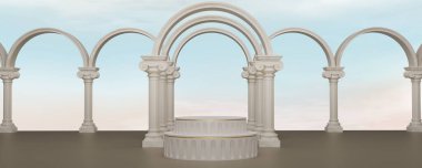 Roma sütunlarında ve mavi gökyüzünde klasik bej sütunlar sergileniyor. Ürün göstermek için klasik iç mermer mimarisi. Sütunları olan antik Yunan mimarisi. 3d oluşturma.
