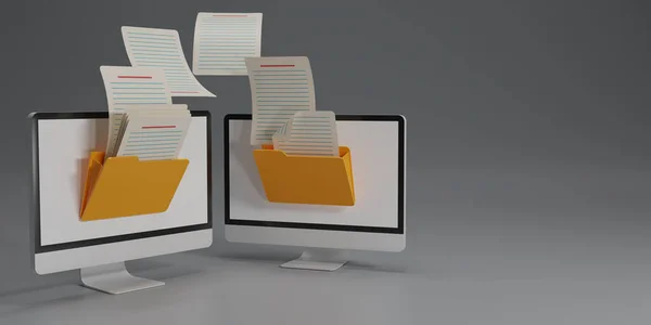 3D render Uploading desktop documents from folder to folder. Open File folder with flying blank documents. Data transfer backup, File Sharing, Document Transfering concept. Copy space. 3d rendering.