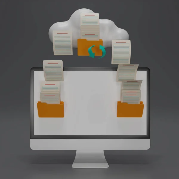 3D render Uploading desktop documents from folder to folder Document cloud. Open File folder with flying blank documents. Data transfer backup, File Sharing. Cloud computing. 3d rendering.