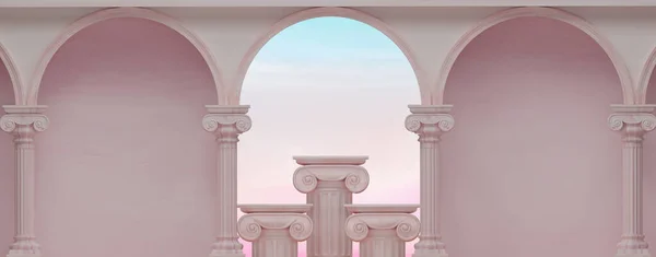 3D render Classic pink pillars pedestal with blue sky on doorways. classical interior marble architecture for showing product. Ancient greek architecture with pillars. 3d rendering.