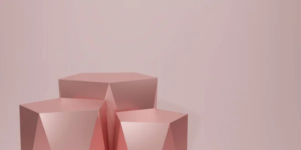 Renderizar Pódio Geométrico Cubo Hexágono Ouro Rosa Pódio Quadrado Rosa — Fotografia de Stock